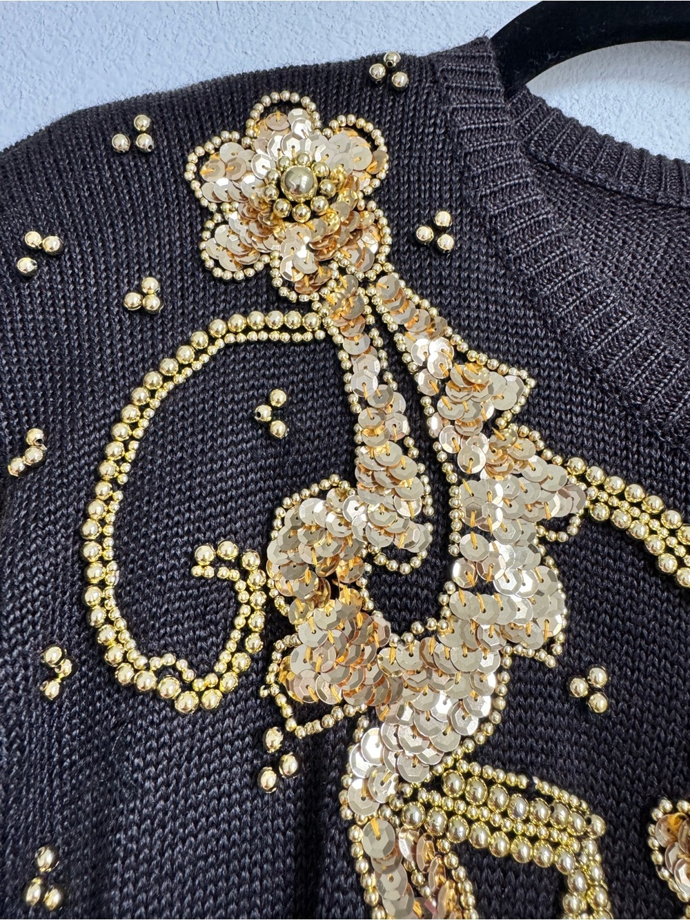 Diane Freis Black Sweater with Gold Sequin Floral Embellishment - Picture 4 of 9